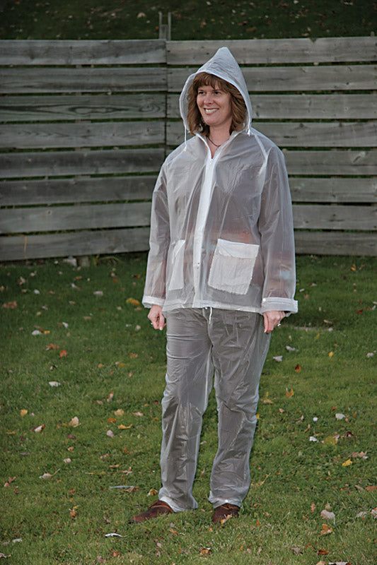 Emery Jensen 3-piece clear rain suit set, including jacket, pants, and hood, designed for waterproof protection.
