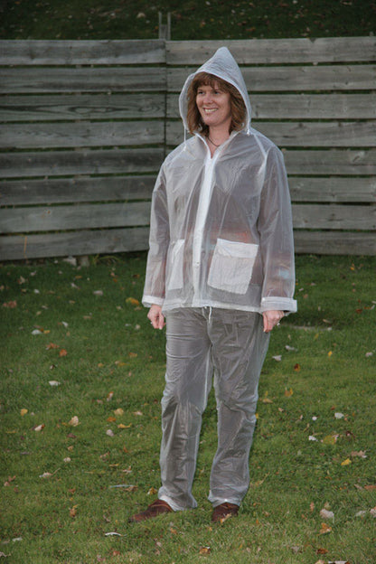Emery Jensen 3-piece rain suit in clear, XL size, including waterproof jacket, pants, and hood for outdoor protection.