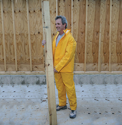 Yellow Emery Jensen 3-piece rainsuit with jacket, pants, and bag, designed for outdoor protection and weather resistance.