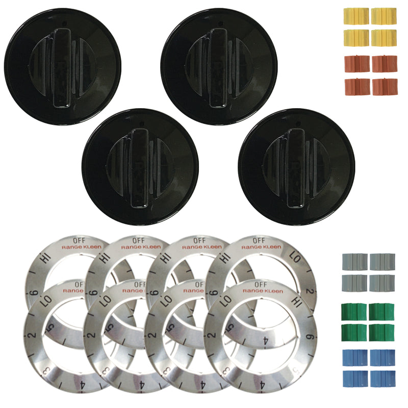 Set of four black electric range burner knobs by Emery Jensen, designed for easy control and replacement.