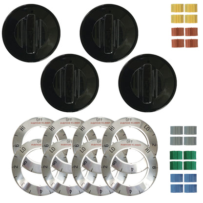 Set of four black electric range burner knobs by Emery Jensen, designed for easy control and replacement.