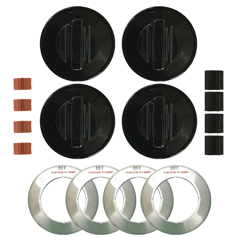 Black gas range burner knobs from Emery Jensen, 4-pack knob kit for stove control switches.