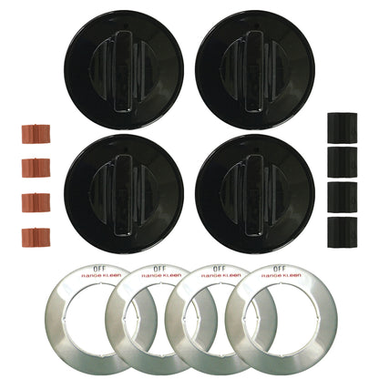 Black gas range burner knobs from Emery Jensen, 4-pack knob kit for stove control switches.