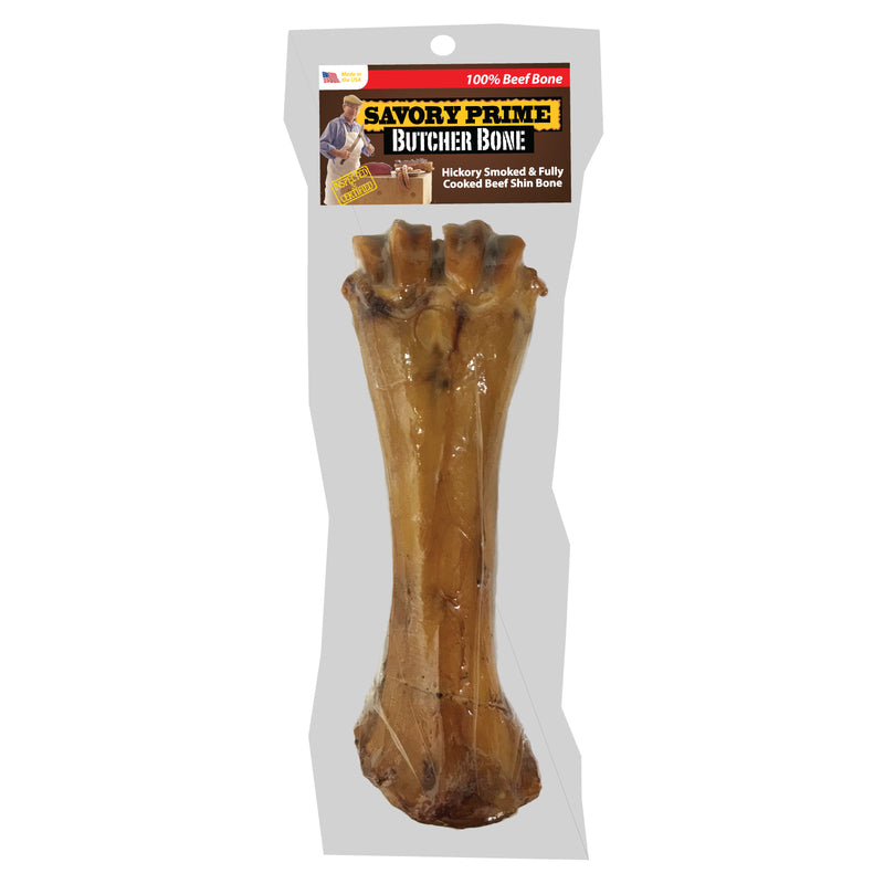 Emery Jensen beef shin dog bone, 1.2lb rawhide chew for dogs, shown with natural beef shin bone and textured surface.