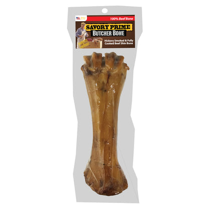 Emery Jensen beef shin dog bone, 1.2lb rawhide chew for dogs, shown with natural beef shin bone and textured surface.