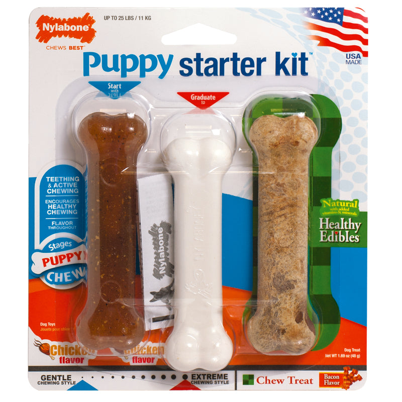 Emery Jensen puppy starter kit with rawhide chews for puppies, featuring assorted chew treats in a convenient package.
