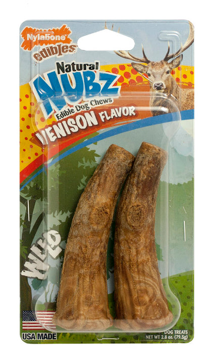 Emery Jensen NUBZ DC ANTLR Venison rawhide chew pack with two natural dog chews, designed for durable dog treats.