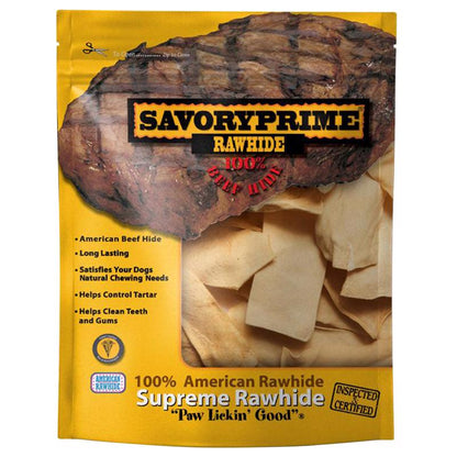 Emery Jensen rawhide chicken chips dog chews, 1lb bag showing golden, crunchy rawhide pieces designed for pet chewing.