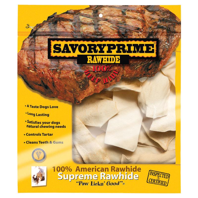 Natural rawhide chips for dogs from Emery Jensen, shown in a close-up image of the chew treats.