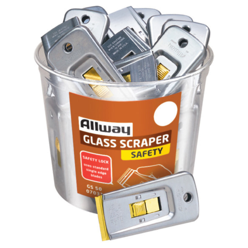 Emery Jensen glass scraper pack with 50 razor and utility scrapers in a bucket for efficient glass and surface cleaning.