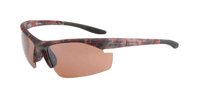 Emery Jensen camo sunglasses, versatile reading and sun glasses, shown in a natural outdoor setting.