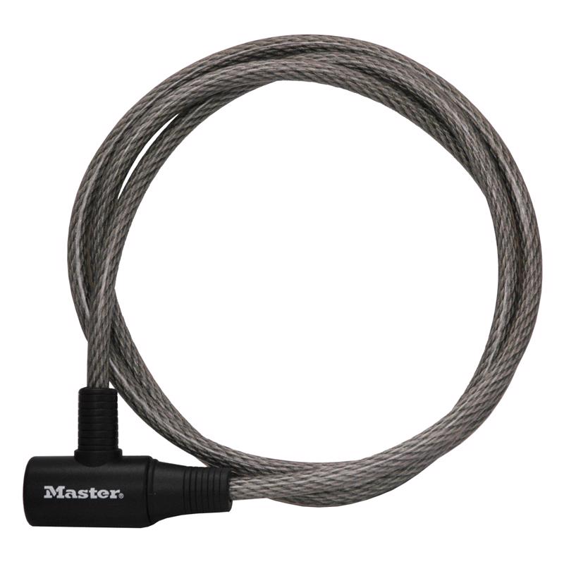Emery Jensen recreational bicycle cable lock with padlock, 3/8 inch diameter, 6 feet long, secured around a bike frame.