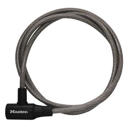 Emery Jensen recreational bicycle cable lock with padlock, 3/8 inch diameter, 6 feet long, secured around a bike frame.
