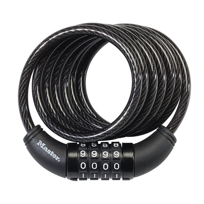 Emery Jensen combo cable lock for bicycles, 6-foot recreational bike lock with 4-digit combination lock, coiled steel cable design.