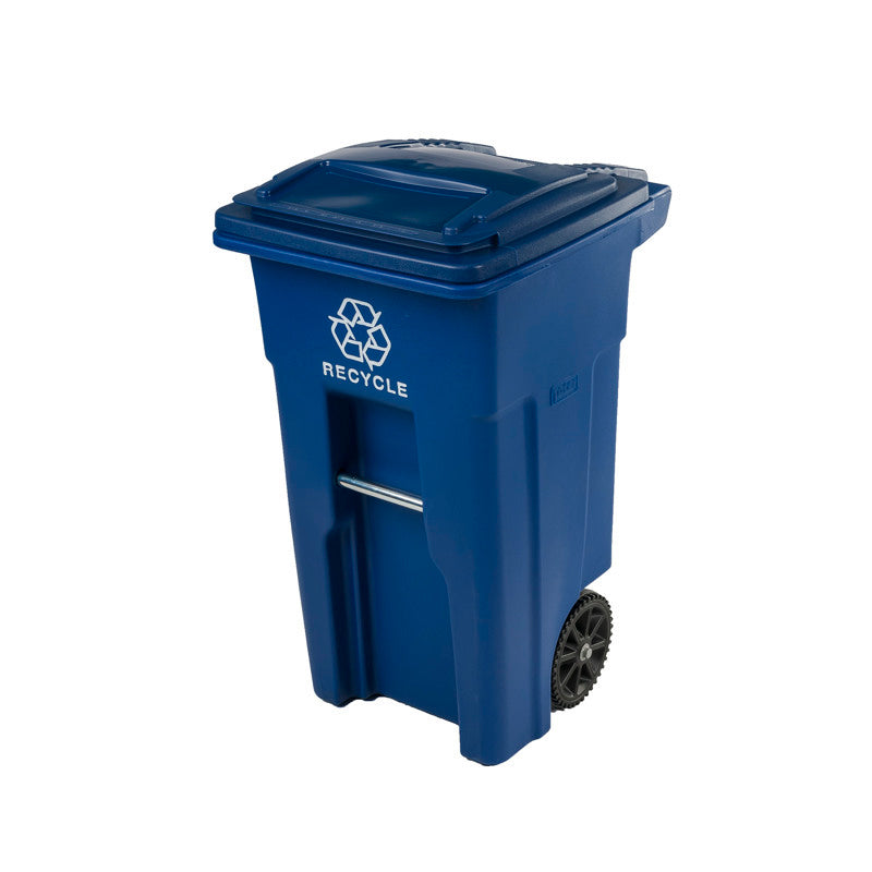 Emery Jensen 32-gallon Toter recycling can for waste and recyclables, with a sturdy plastic body and secure lid.