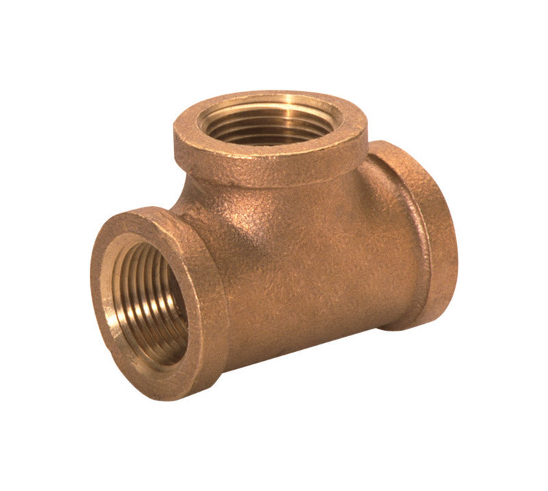Red brass TEE fitting with 1-inch FPT connection from Emery Jensen, designed for plumbing and pipe installation.