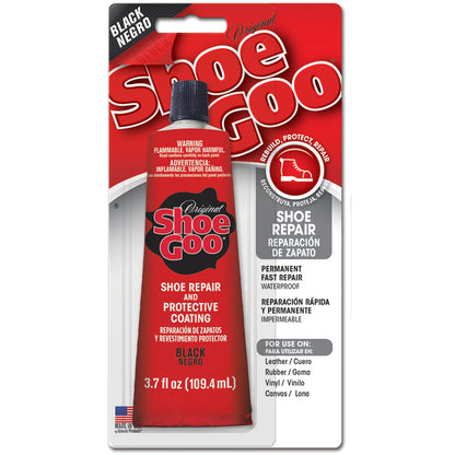 Black Shoe Goo repair adhesive in a 3.7oz tube by Emery Jensen, suitable for repairing and bonding shoes and leather items.