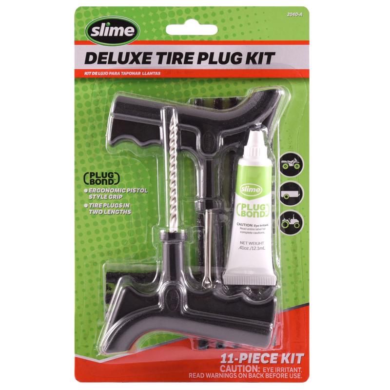 Emery Jensen 11-piece tire plug repair kit with plugs, insertion tool, and accessories for puncture repairs.