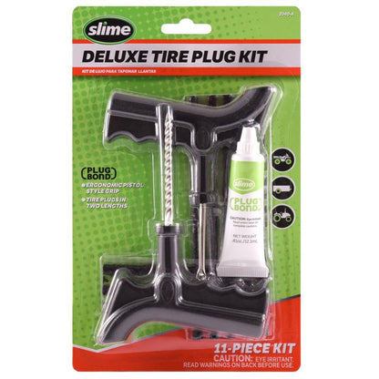 Emery Jensen 11-piece tire plug repair kit with plugs, insertion tool, and accessories for puncture repairs.