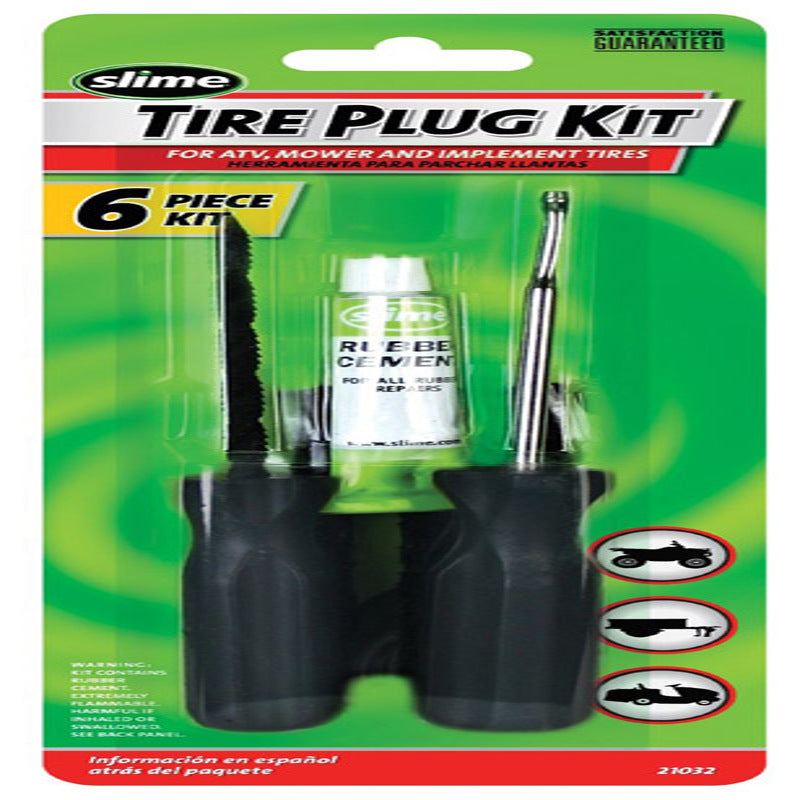 Emery Jensen 6-piece tire plug repair kit with assorted tools for sealing punctures in vehicle tires.