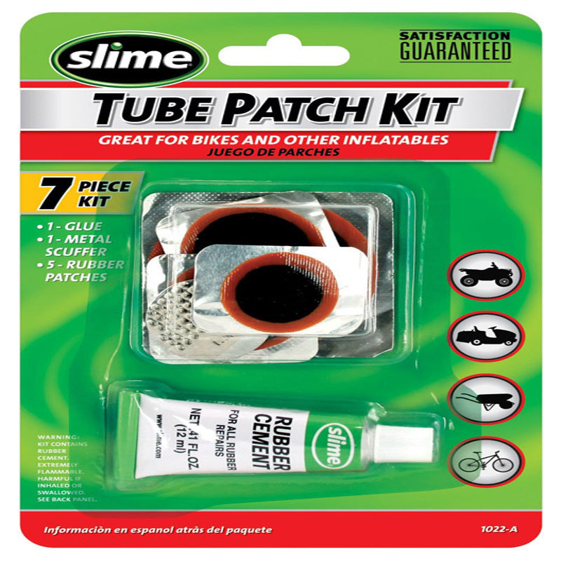 Emery Jensen 7-piece tube patch kit with repair patches, adhesive, and tools for bicycle or tire tube repairs.