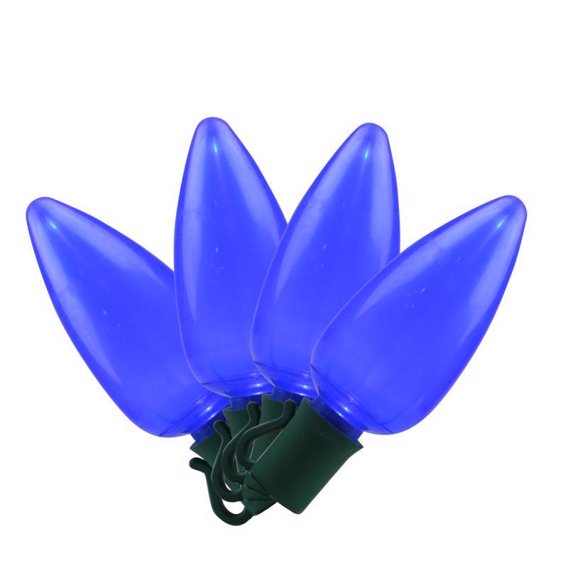 Set of four Emery Jensen STD C9 blue ceramic replacement bulbs for holiday lighting and decorative fixtures.