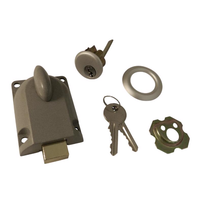 Aluminum deadbolt lock replacement part by Emery Jensen, featuring a sturdy metal lock mechanism for door security.