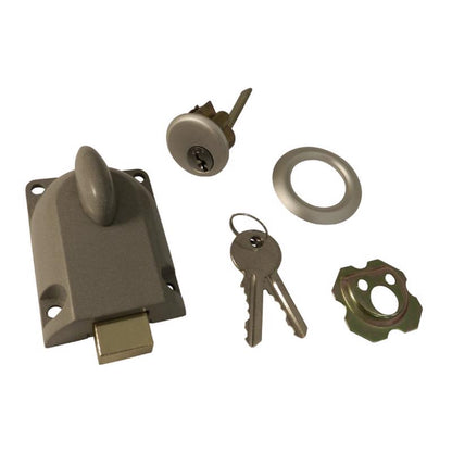 Aluminum deadbolt lock replacement part by Emery Jensen, featuring a sturdy metal lock mechanism for door security.