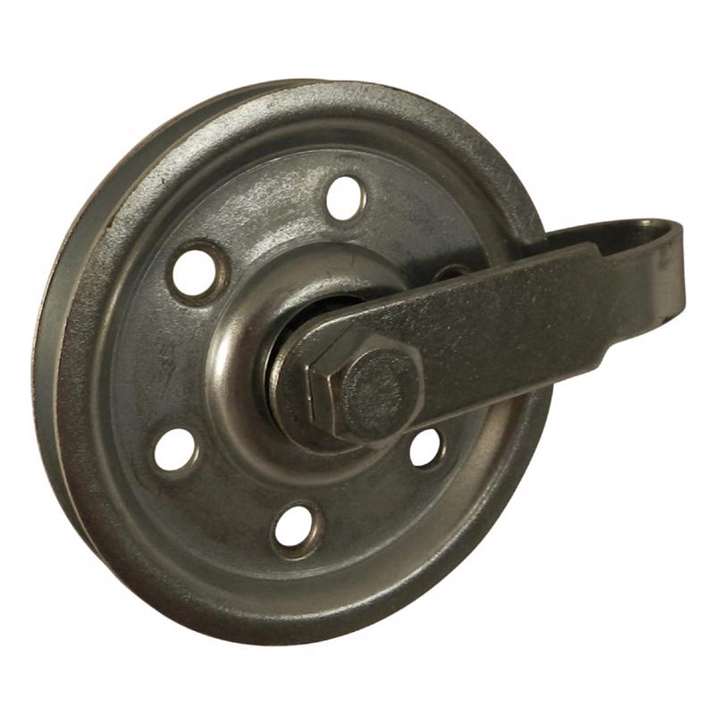 Aluminum garage pulley, 3-inch replacement part by Emery Jensen for garage door systems.