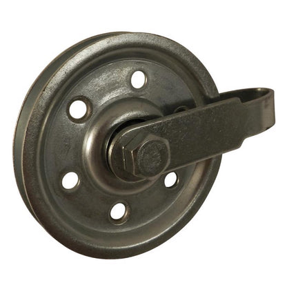 Aluminum garage pulley, 3-inch replacement part by Emery Jensen for garage door systems.