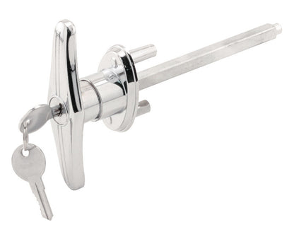 Emery Jensen garage door handle T-lock replacement part, showing the black metal handle and lock mechanism.