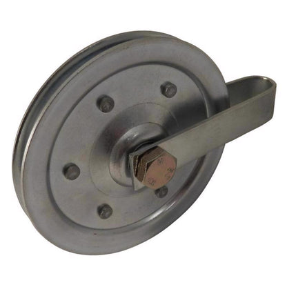 Gray pulley for replacement parts by Emery Jensen, measuring 4x0.63 inches, shown in the image.