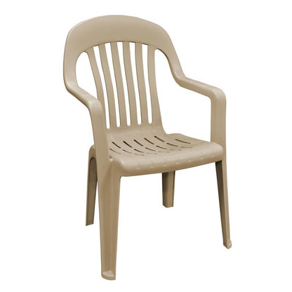High back resin chair from Emery Jensen, 36-inch height, durable outdoor furniture with a sleek, modern design.