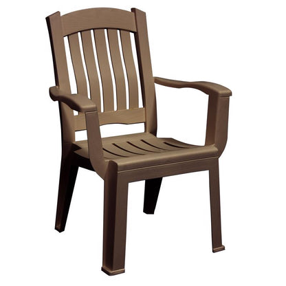 Emery Jensen resin furniture chair with high back and brown finish, showcasing a stylish and durable outdoor seating option.
