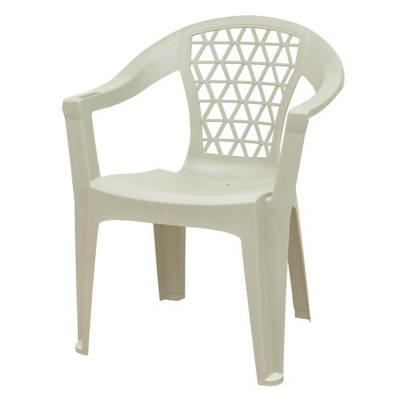 White resin stackable chair by Emery Jensen, lightweight and durable outdoor furniture with modern design.