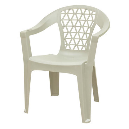 White resin stackable chair by Emery Jensen, lightweight and durable outdoor furniture with modern design.