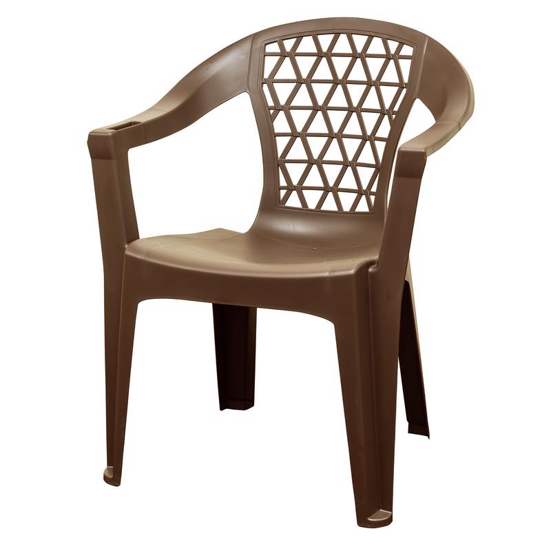Brown resin chair from Emery Jensen's resin furniture collection, showcasing a sturdy, stylish design perfect for indoor or outdoor use.