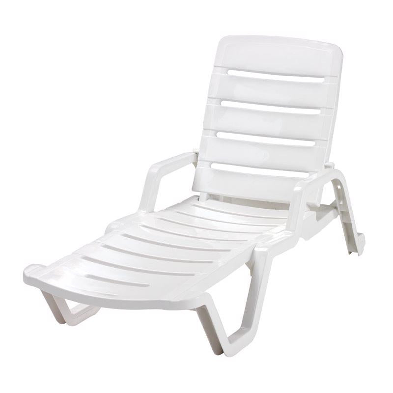 White resin chaise lounge from Emery Jensen, modern outdoor furniture with a sleek, comfortable design for relaxing spaces.