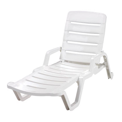 White resin chaise lounge from Emery Jensen, modern outdoor furniture with a sleek, comfortable design for relaxing spaces.