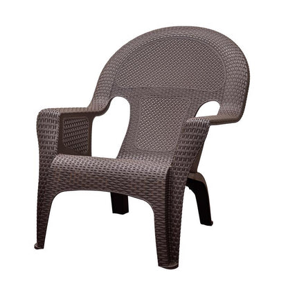 Brown woven resin chair from Emery Jensen, showcasing a sturdy and stylish resin furniture piece with woven design and comfortable seating.