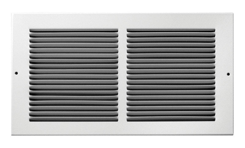 White Emery Jensen 12x6-inch air return grille showing louvered metal slats for HVAC ventilation.
