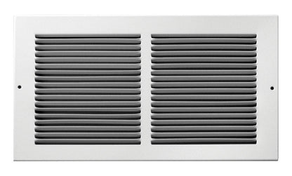 White Emery Jensen 12x6-inch air return grille showing louvered metal slats for HVAC ventilation.