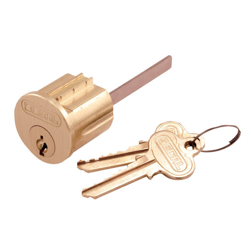 Brass rim lock cylinder from Emery Jensen, showing the key lock mechanism and detailed metal surface.