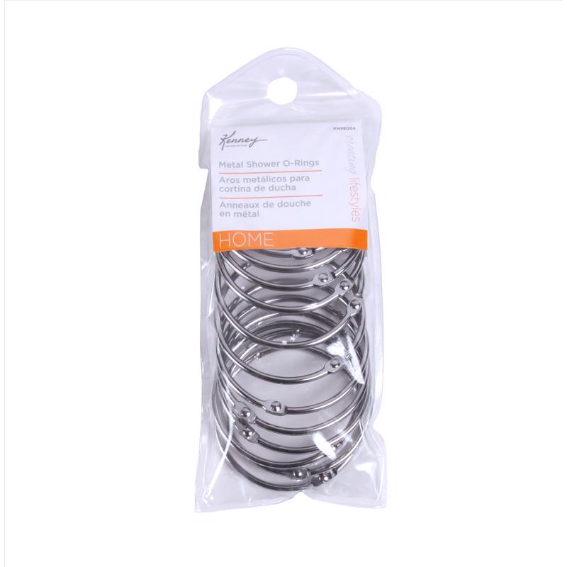 Silver shower curtain ring from Emery Jensen, round metal accessory for hanging shower curtains.