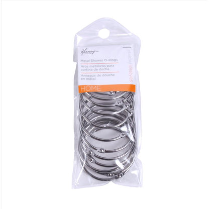 Silver shower curtain ring from Emery Jensen, round metal accessory for hanging shower curtains.
