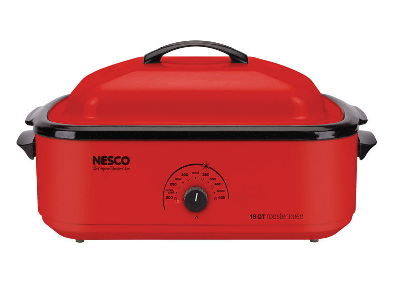 Emery Jensen 18QT red roaster oven with digital controls and sturdy handles, ideal for roasting and baking.