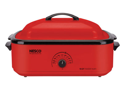 Emery Jensen 18QT red roaster oven with digital controls and sturdy handles, ideal for roasting and baking.