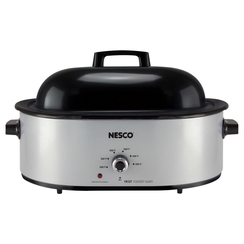 Emery Jensen 18-quart silver roaster oven with lid, perfect for roasting and cooking large meals.