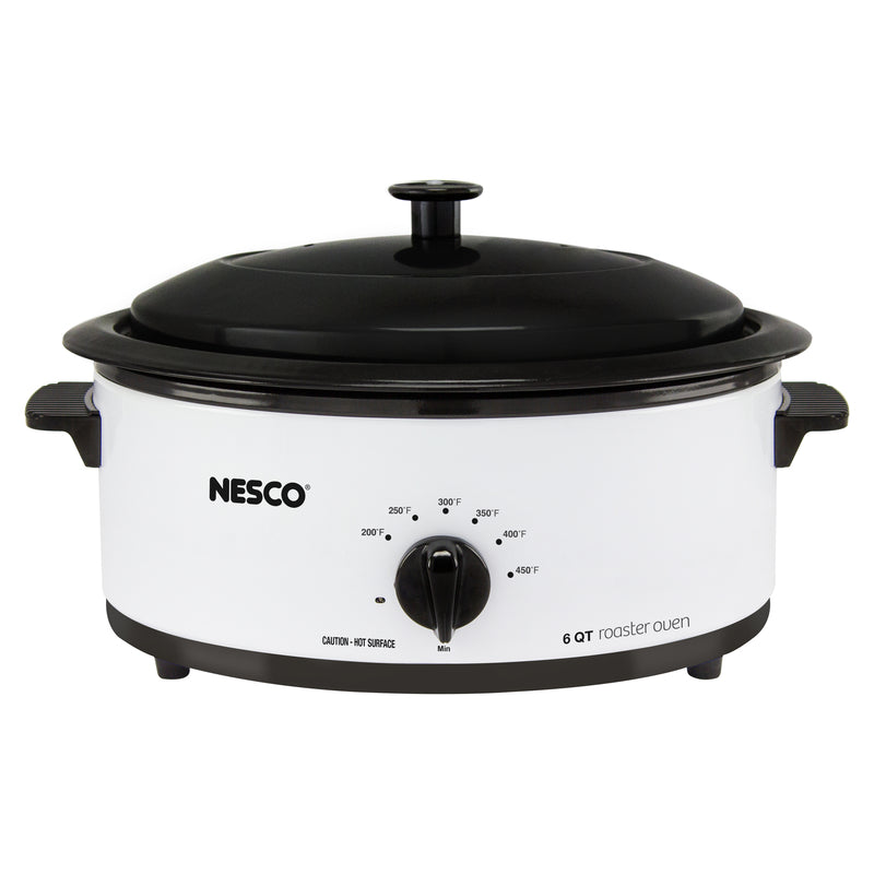 Emery Jensen 6QT white roaster oven with a large cooking chamber and adjustable thermostat, ideal for roasting and baking.