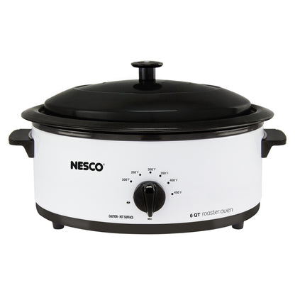 Emery Jensen 6QT white roaster oven with a large cooking chamber and adjustable thermostat, ideal for roasting and baking.